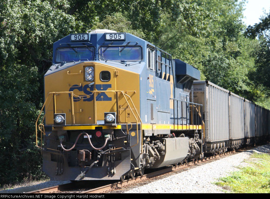 CSX 905 pushes on the rear of a coal train